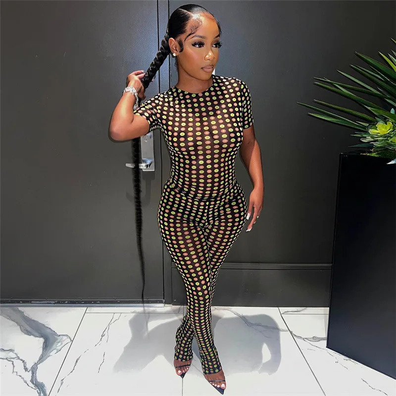 Two Piece Set Mesh Point Print Women Casual Shhort Sleeve Round Neck TshirtsHigh Waist Skinny Trousers Female Streetwear 250106
