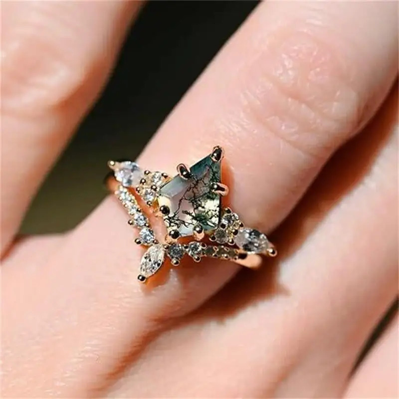 jewelry natural green moss stone agate high quality womens twopiece wedding ring set 250109