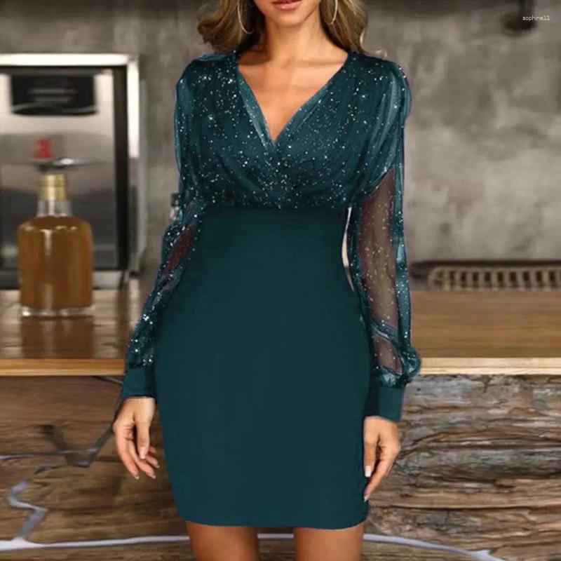 Casual Dresses Women Evening Dress V Neck See-through Mesh Patchwork Shiny Slim Fit Tight Waist Sheath Solid Color Party Prom