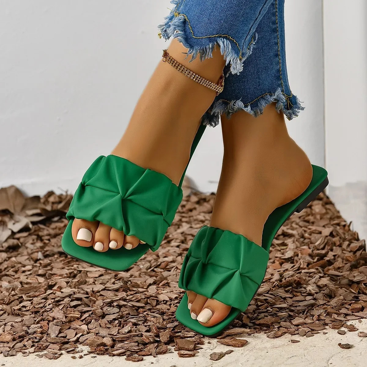 Summer for Flip ps Flats New Pleated Korean Slippers Women Sandals Green Slip on Shoes Plus Size 35-43 250109