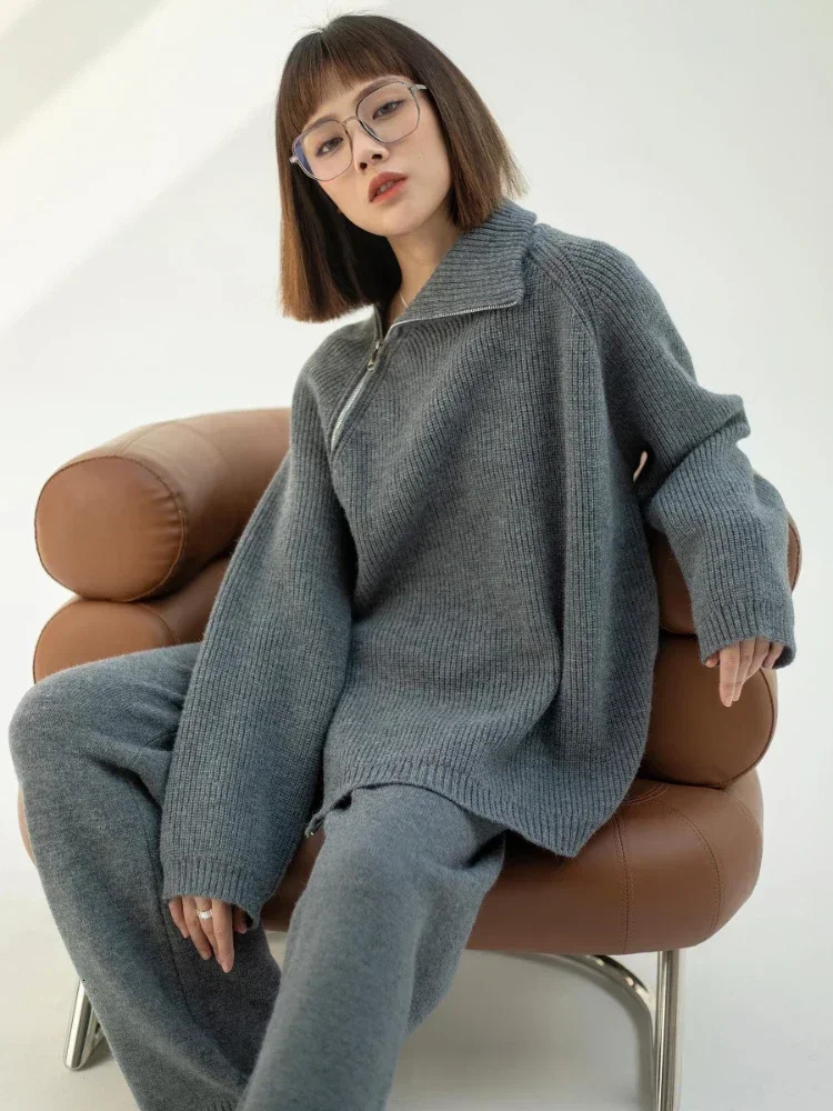 Autumn Knitted Two Piece Set Women Zipper Sweaters and Wideleg Pants Suit Solid Highneck Pullover Sets for 2 Pieces 250106