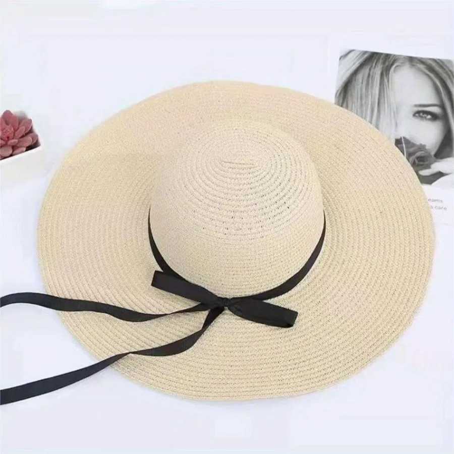 Summer Sunscreen Straw Big Brim Bow Ribbon Hat Solid Handmade Fishermans Hat Creative Dress up Travel Beach Clerk Bucket Hat X250109