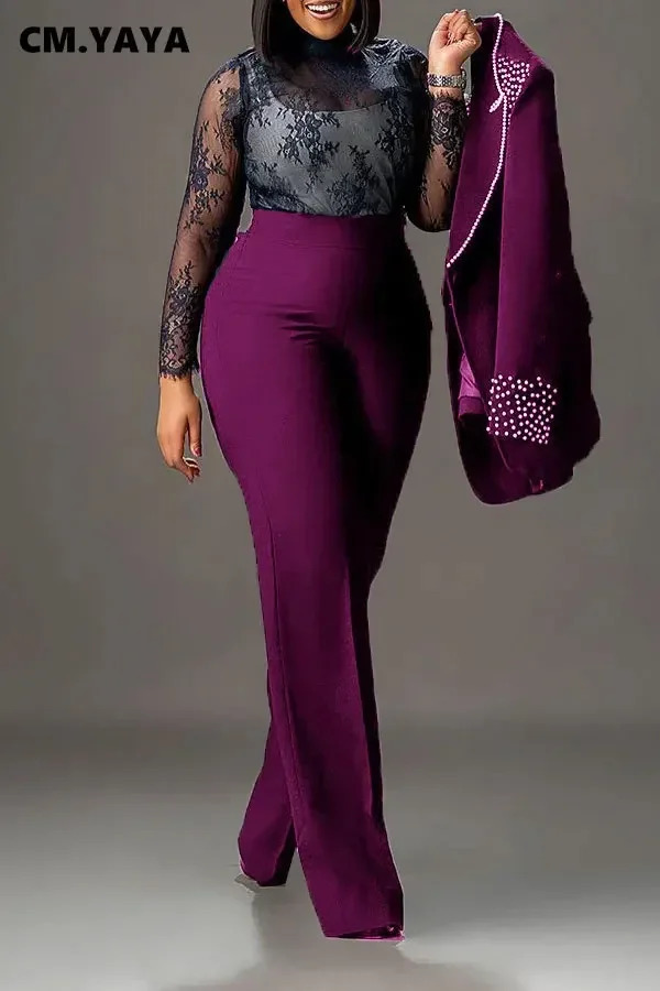 CMYAYA Fashion Pearl Splicing Womens Set Long Sleeve Blazer and Wide Leg Pants Suit Winter OL Fall Two 2 Piece Outfit 250106