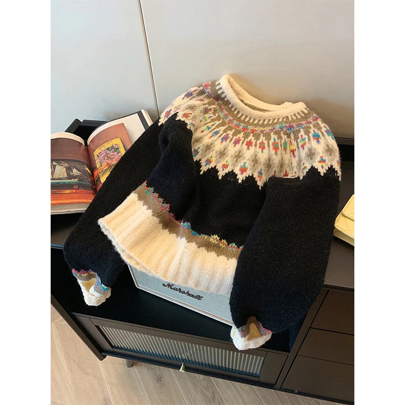 MEXZT Vintage Print Sweater Women Harajuku Long Sleeve Knitted Pullovers Korean Aesthetic Knitwear Winter Chic Casual Jumpers 250108