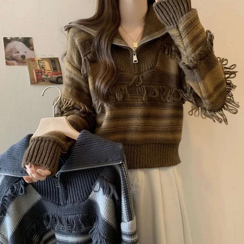 New Women's 2023 Autumn/Winter Elegant High Collar Stripe Tassel Ladies Knitted Pullover Loose Temperament Femme Sweater