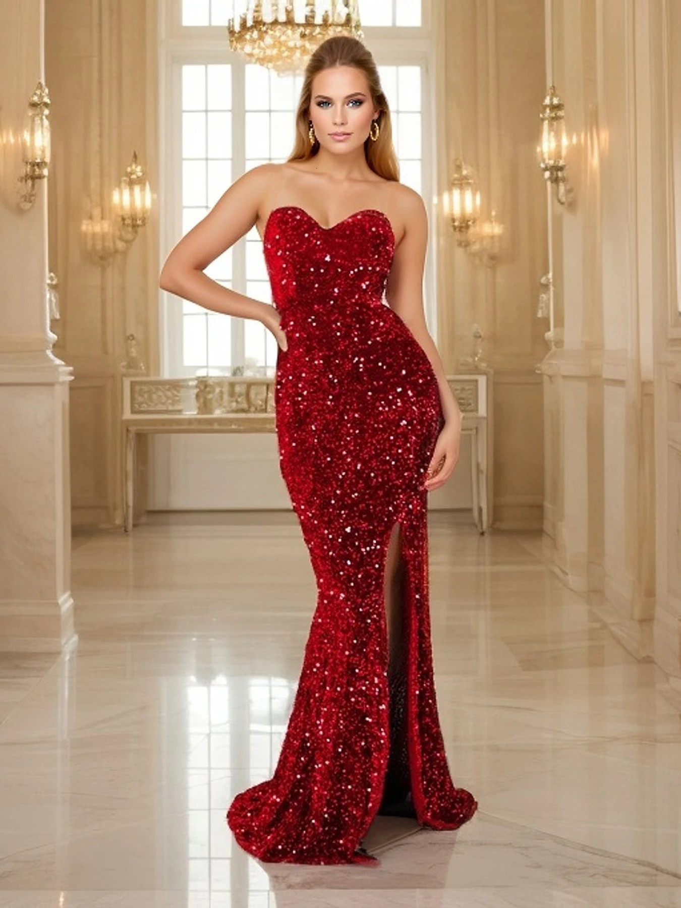 Romagic Red Sequin Strapless Cocktail Prom Dresses Stretch Velvet Sexy Slit Leg Paded Backless Mermaid Formal Evening Dress 250106