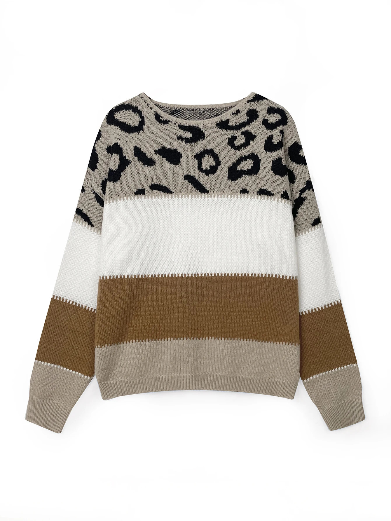 Leopard Print Color Blocked Round Neck Sweater Autumn And Winter Womens Knitted Pullover Long Sleeved Base Shirt 250108