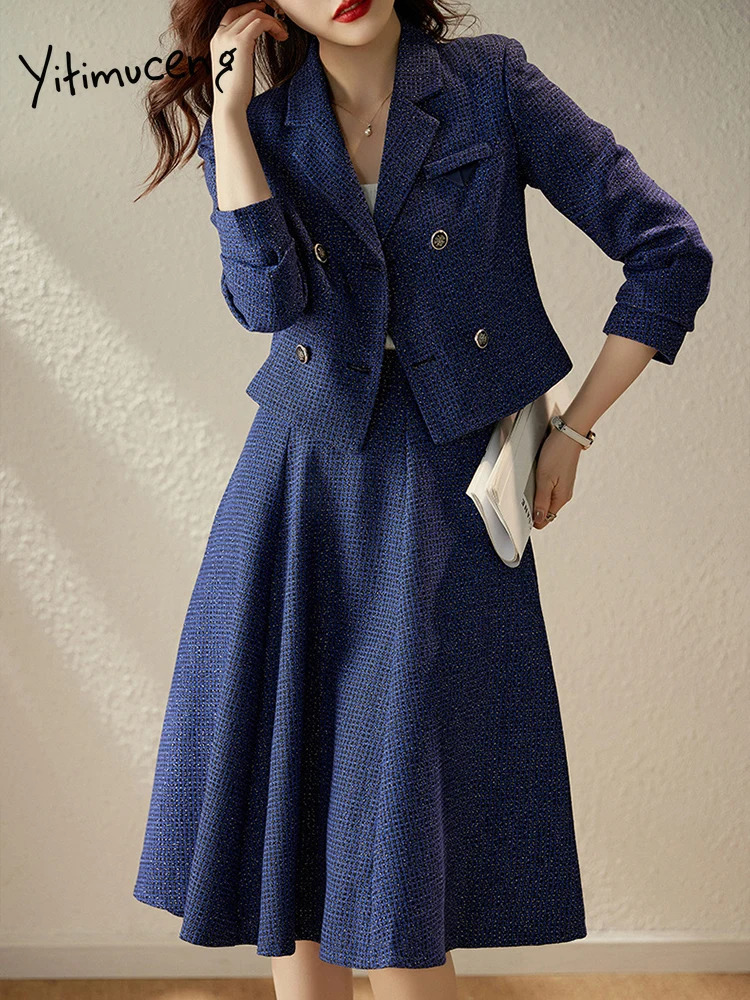 Yitimuceng Fashion Office Women Half Skirt Two Piece Set Long Sleeve Slim Fit Double Breasted 250106