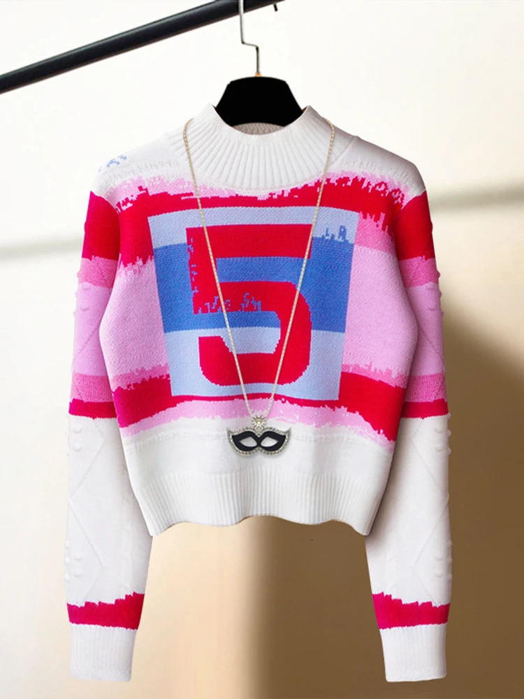 Runway Letter Striped Turtleneck Sweater Women Autumn Winter Clothes Y2k Vintage Sweaters Pink Chic Knitwear Top Pull Femme 250108
