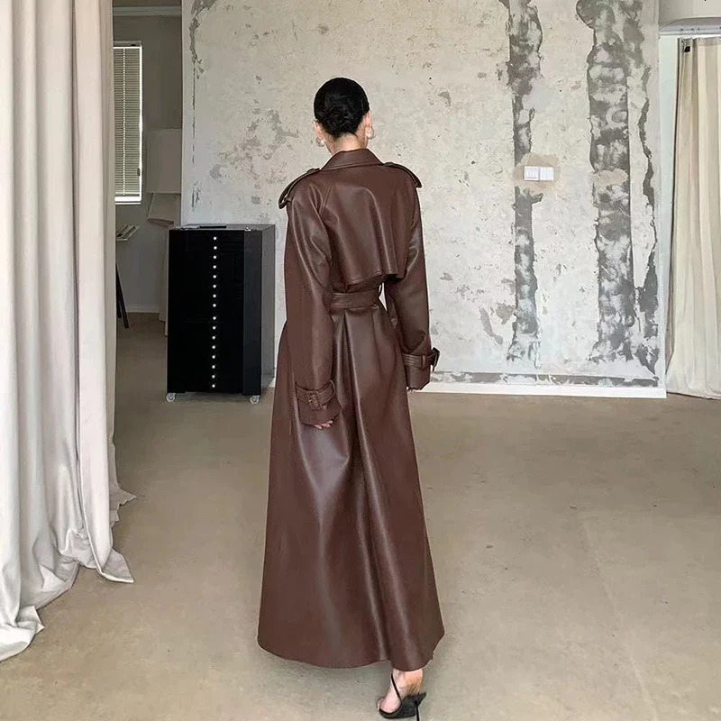 2024 Women Fashion With Belt Long Style Single Breasted Faux Leather Coat Vintage Sleeve Pockets Female Outerwear 250103