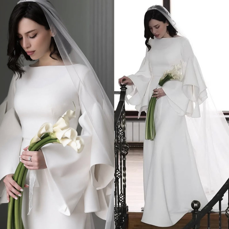Simple Satin A-Line Wedding Dresses With Flare Sleeves Chic Long White Bridal Gowns Bateau Neck Elegant Bride Dress 2025