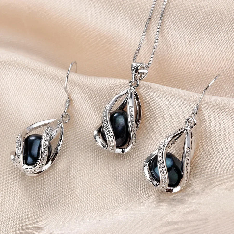 YWYC 89mm Natural Freshwater Pearl In Cage Pendant Necklace Drop Earrings Jewelry Set for Women 250109