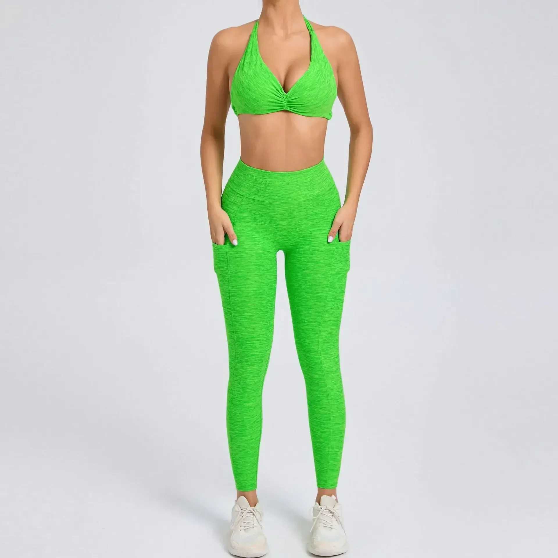 Seamless Yoga Sets Sports Fitness High Waist Hip-lifting Pockets Pants Backless Bra Suits Workout Gym Leggings Sets for WomenXJ250109