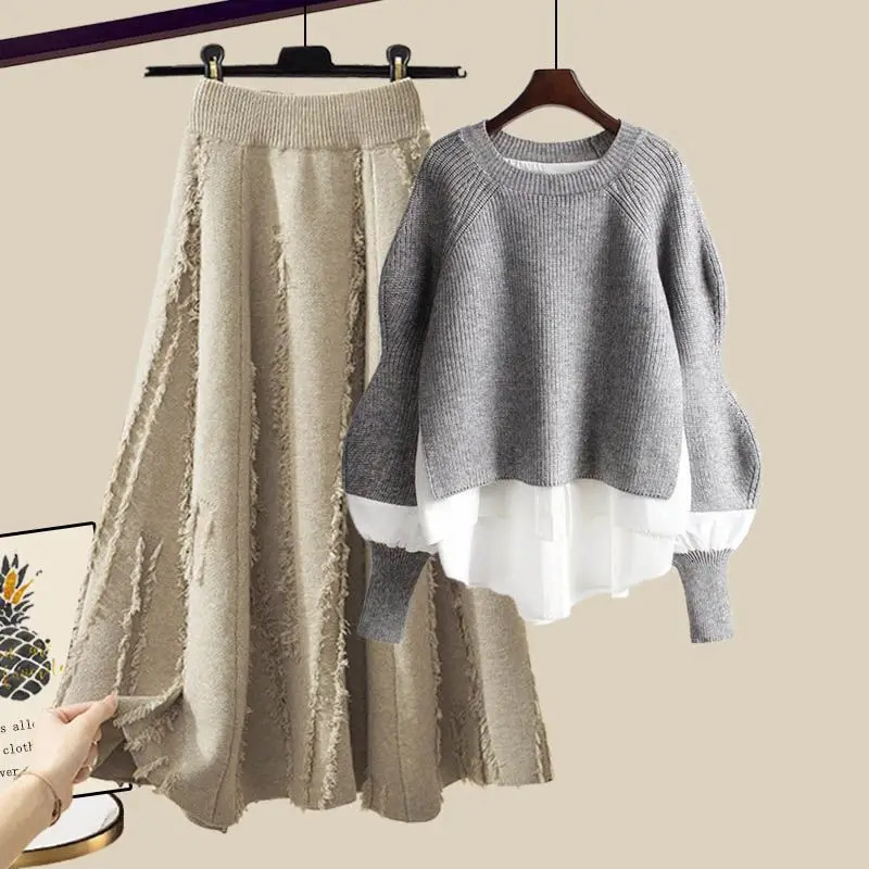 Womens Fashion Sweater Skirt Twopiece Set Korean Elegant in Matching Dress Suit 250106