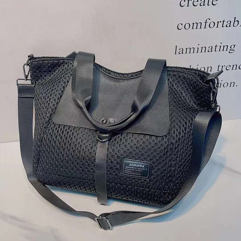 New Women's Slanted Shoulder Mesh Fabric Paired With Cowhide Handbag Men's Simple Short Distance Travel Bag