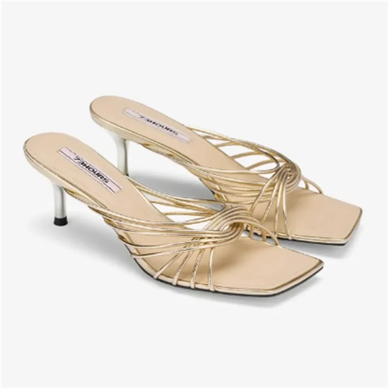 Ladies' Elegant High Heel Slip-On Mules with Cutouts - Fashionable Strappy Designer Footwear