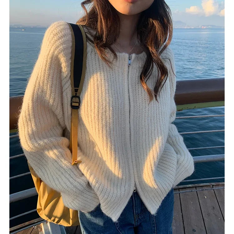 Korean Style ChicSoft And Supple Sweater Jacket Autumn Simple Short Jacket Knitted Top Polo Collar Pullovers 250109