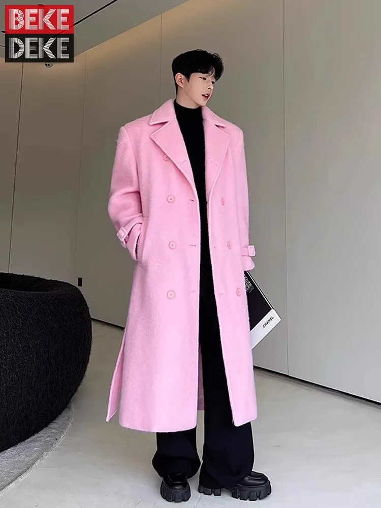 Autumn Winter Thicken Double Breasted Pink Woolen Long Coat Men Solid Color Business Casual n Loose Fit Fashion Overcoat 250106