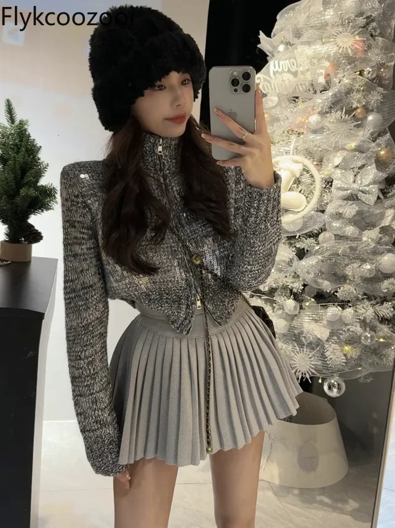 Women Autumn and Winter Fashion Temperament Sequin Knit Sweater High Waist Slimming Pleated Skirt Tweed Set 250109