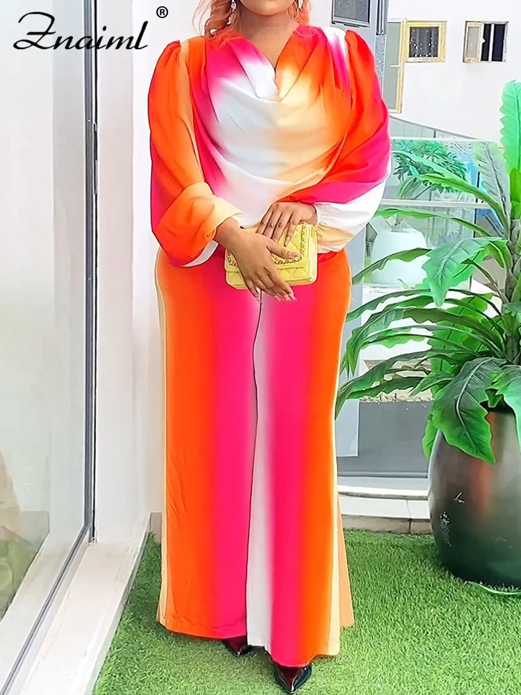 Znaiml Lantern Sleeve Top and Wide Leg Pants Two Piece Set Rainbow Gradient Print Women Outfits Elegant Office Birthday Party 250106