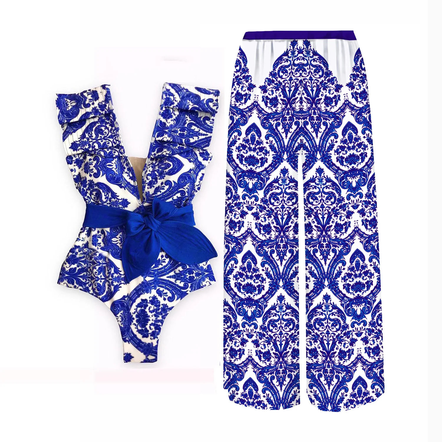 Fashion Printed Bikini With Pants Sexy Women Swimwear Off Shoulder Swimsuit Female Biquini Bathingsuit Bodaysuit Beachwear 250108