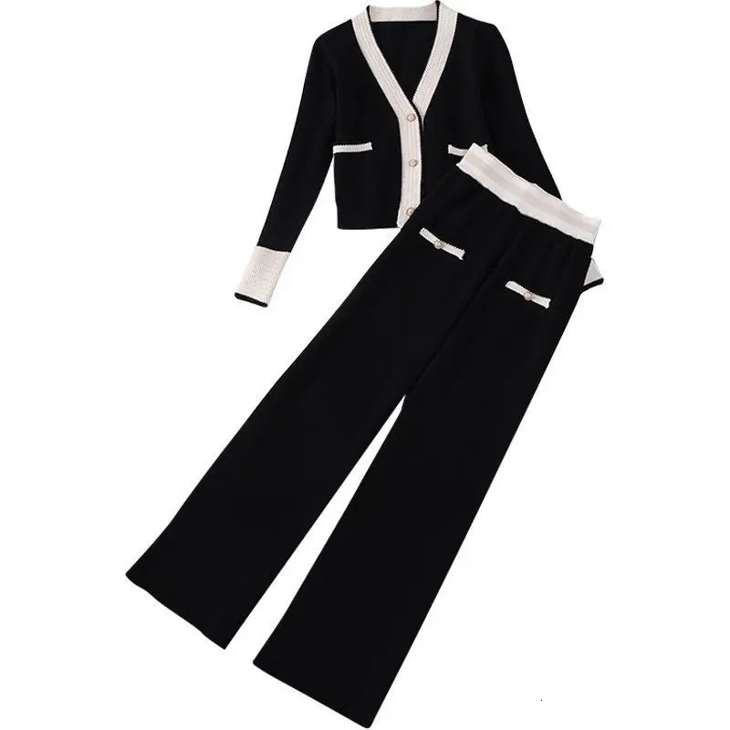 Xiaoxiangfeng Knitwear Outfits Womens Spring Autumn Fashion Knitted Cardigan Wide Leg Pants Two Piece Set Sweater Trousers Suit 250106