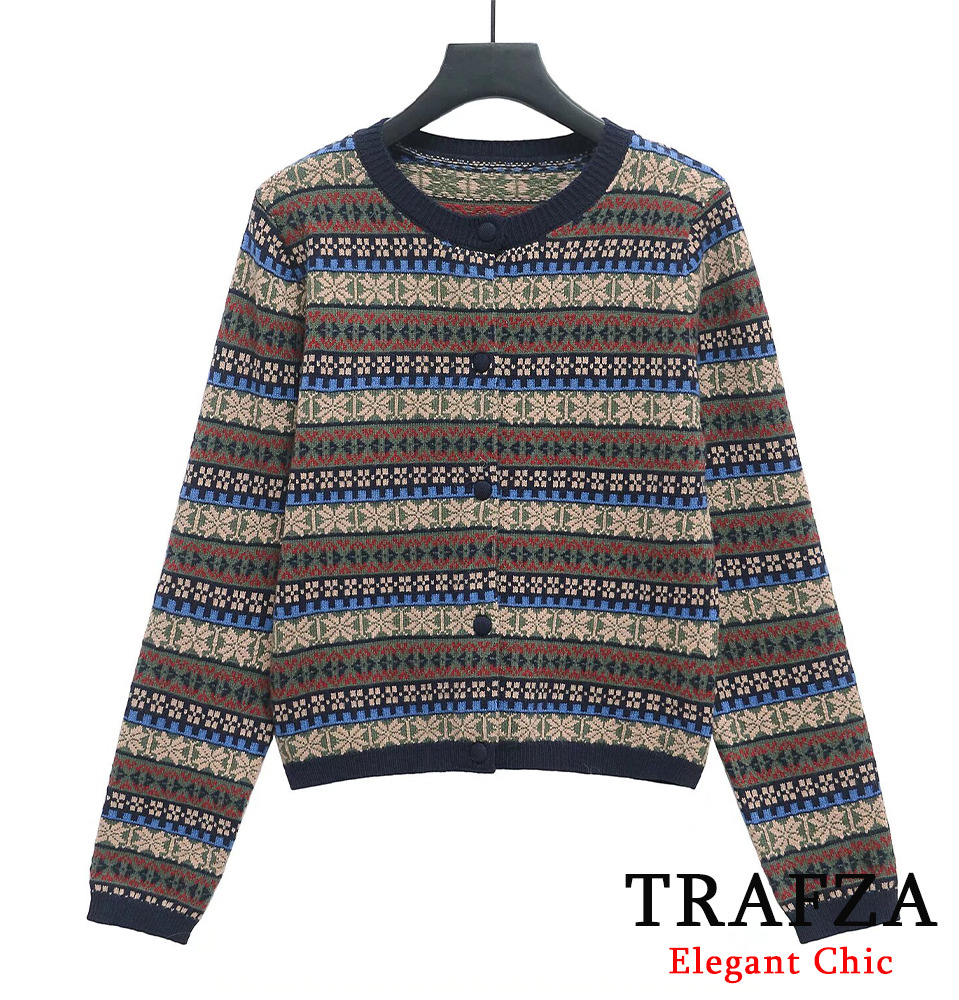Trafza-Women Fair Isle O-Neck Buttons Knitted Cardigan New 2025 Fashion Spring Casual Festivities Holiday Slim Sweater