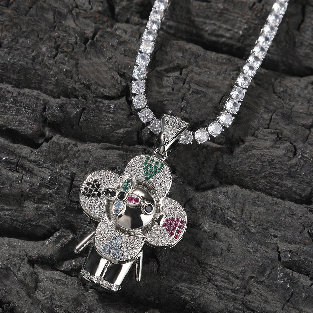 Uwin Donkey Flower Pendant Colored Zircon Necklace Hip Hop Jewelry Iced Out Fashion Charm Gifts 250109