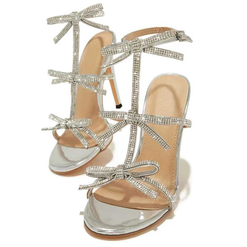 2025 Summer Fashion Glitter Rhinestone Bowknot Women's Gladiator Thin High Heels Sandals Sexy Open Toe Party Dress Shoes 250110
