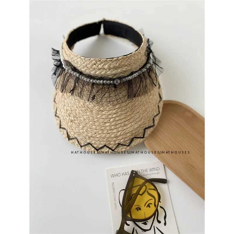 Hot Girl Black Lace Pearl Rafia Headless Hat Fem Summer Outdoor Shopping Camping Hat X250109