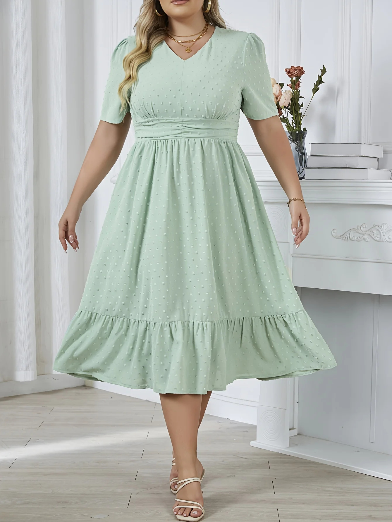 0XL4XL Plus Size Waist Swing Pleated Dress Vneck Solid Color Aline Skirt Elegant Fashion Lady Temperament Gentle 250106
