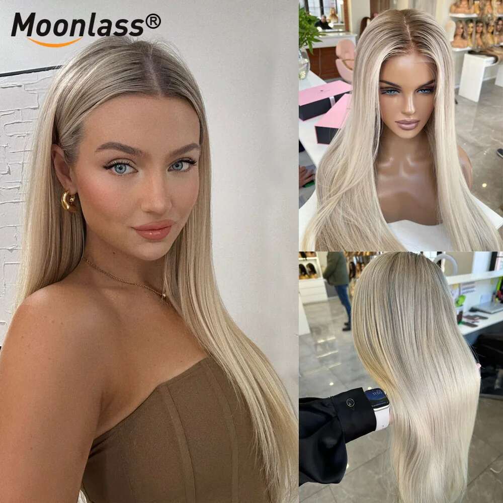Moonlass Christmas Straight Ash Blonde 100% Real Human 210% Density Ready To Wear Pre Cut Hair 13x6 Lace Front Remy Wig