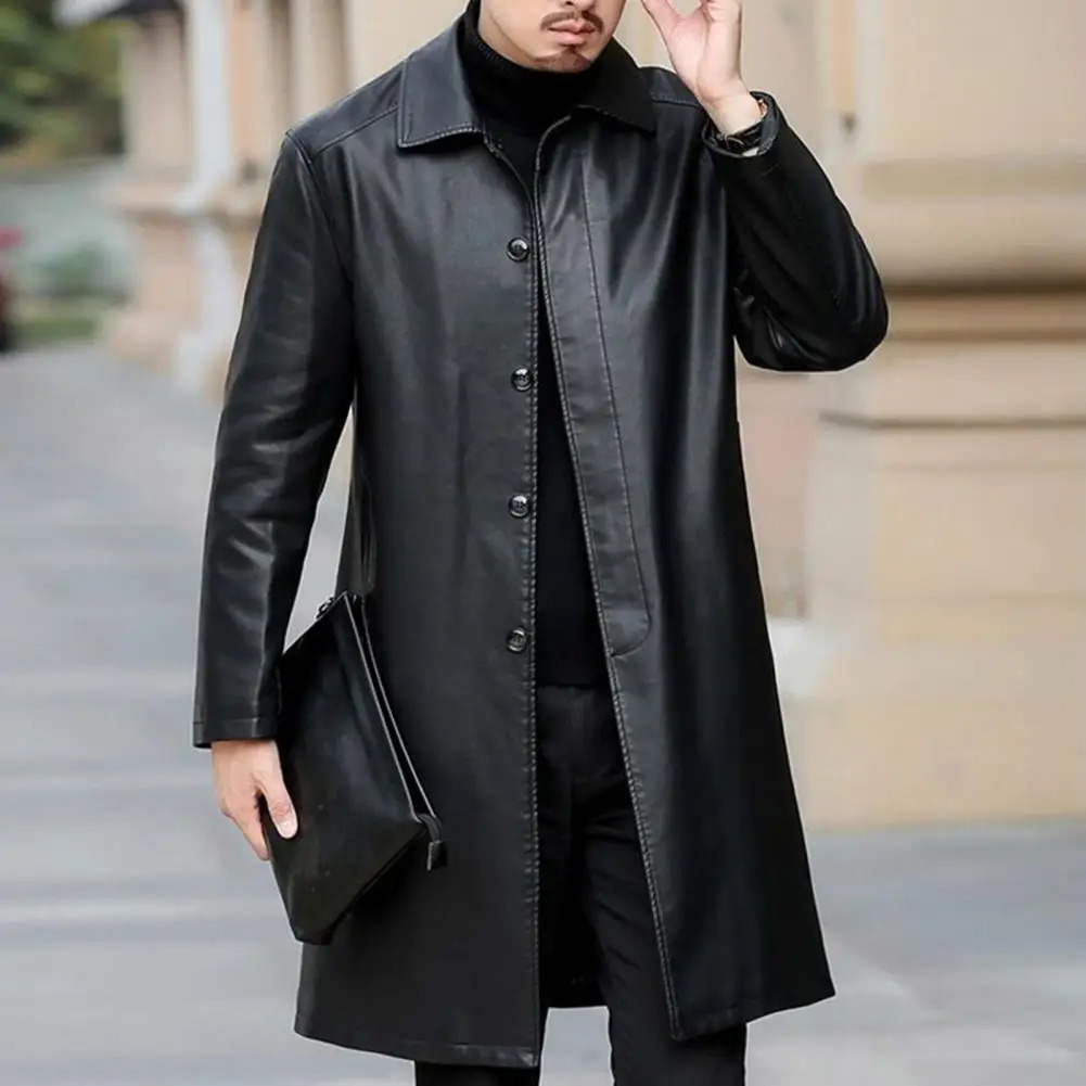 Men Autumn Winter Faux Leather Windbreaker Lapel Long Sleeve Pockets Single Breasted Fleece Lining Jacket Coat Loose 250107