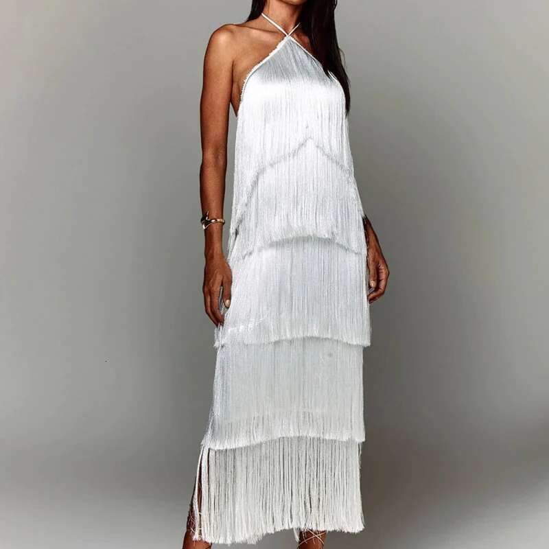 Fashion Layered Solid Color Ladies Sexy Off-Shoulder High Waist Slim Chic Club Party Fringed Sleeveless Long Dress
