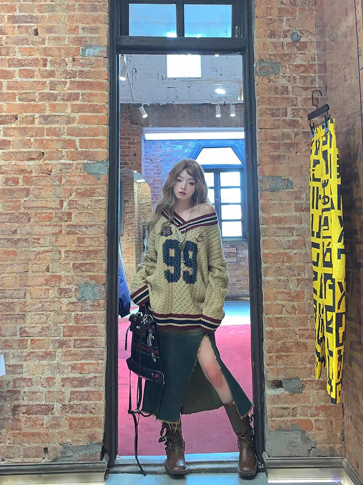 Oversized Korean Preppy Style Letter Print Loose Sweater Women Fashion VNeck n Straight Top Autumn Winter Elegant Pullover 250108