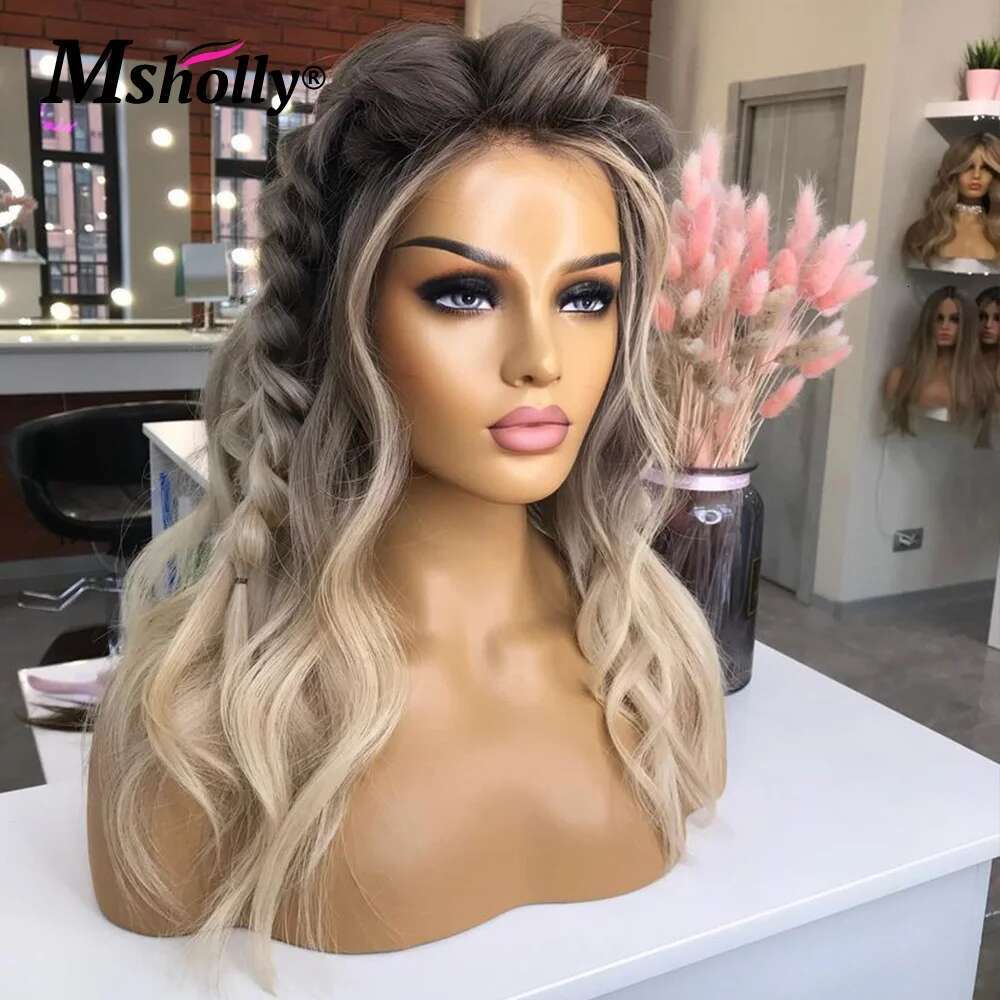 Ash Blonde Body Wave 13X4 Front Transparent Dark Grey Colored Remy Lace Frontal Human Hair Wig For Women