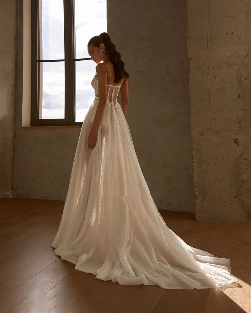 A-e Bridal Dress with Sequins and Appliques - Spaghetti Strap Sweetheart Neck Split Side Gown, Sweep Train, Customizable
