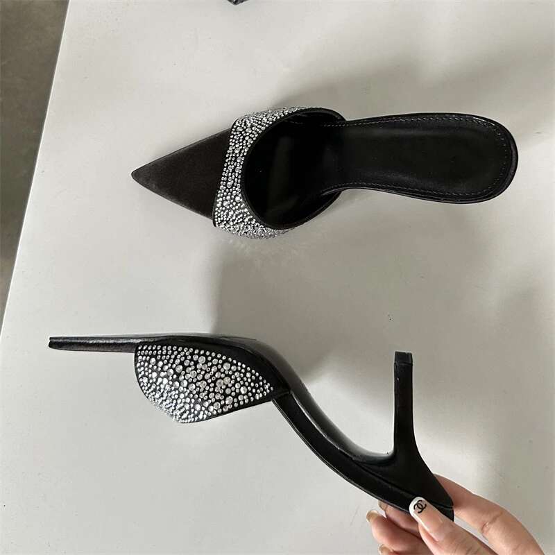 Eilyken 2025 New Summer Silk CRYSTAL Women Slippers Sandals Fashion Thin Heels Mule Beach Slides Shoes Atos Mujer