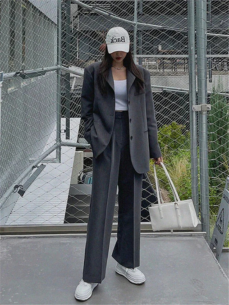 Fashion England Style Blazer Set Women Business Twopiece Suit Ladies Korean High Waist Wideleg Pants and Jacket 250106