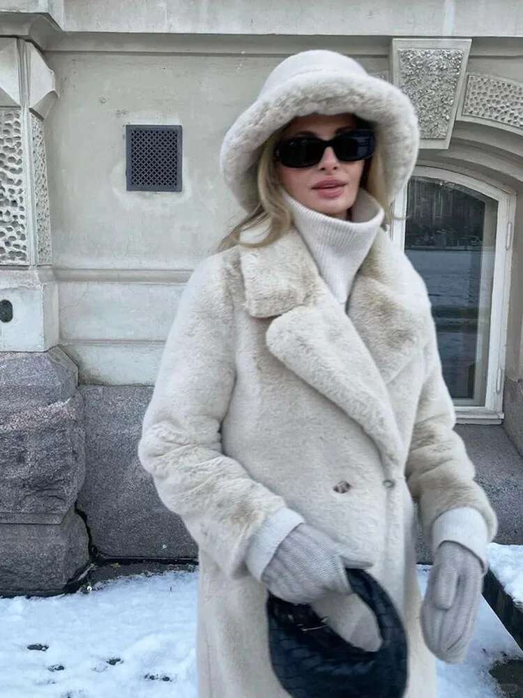 ZADORIN 2024 Elegant Lapel Double Breasted Long Faux Coat Winter Warm Fluffy Jacket Fur Coats Clothes For Women