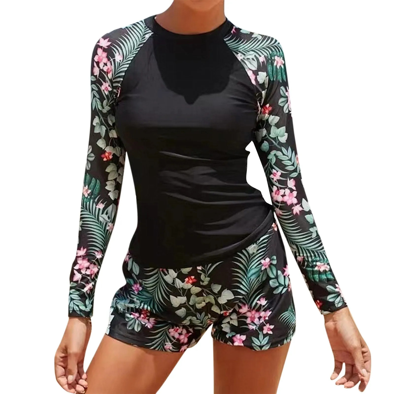 Long Sleeve Surfing Swimsuit Print Swimwear Women Two Pieces Diving Clothes Beachwear Bathing Swimming Swim Suit 250108