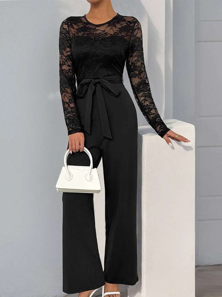 Deioao Round Neck Chic Lace Black Jumpsuit Women Elegant Summer Party Club Rompers Female Solid High Waist Straight Long Pants