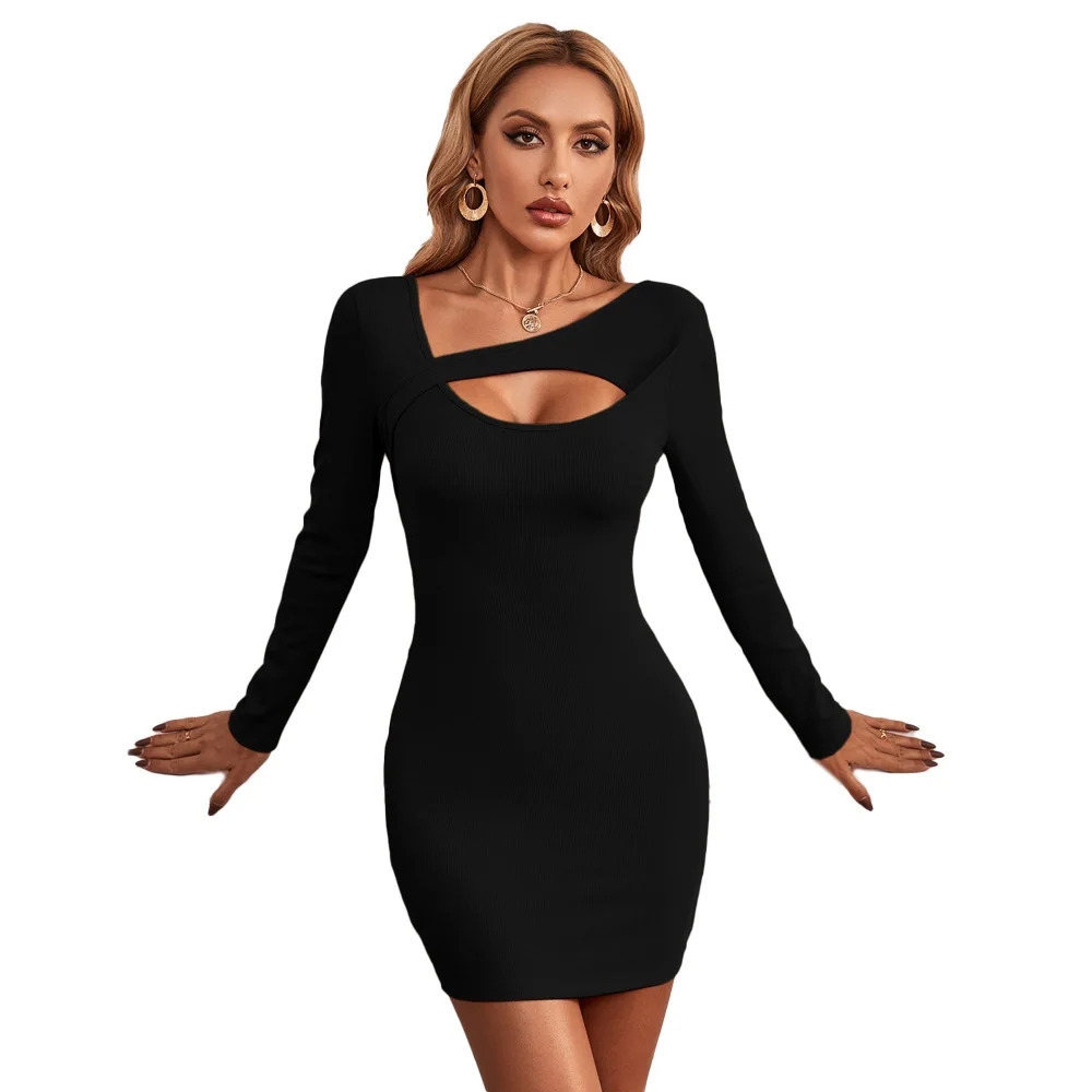 Spring Autumn Womens Dress Solid Color Ladies Long Sleeve Sexy Irregular Collar Spice Girl Bag Hip 250106