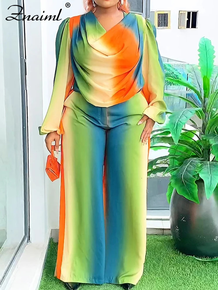 Znaiml Lantern Sleeve Top and Wide Leg Pants Two Piece Set Rainbow Gradient Print Women Outfits Elegant Office Birthday Party 250106