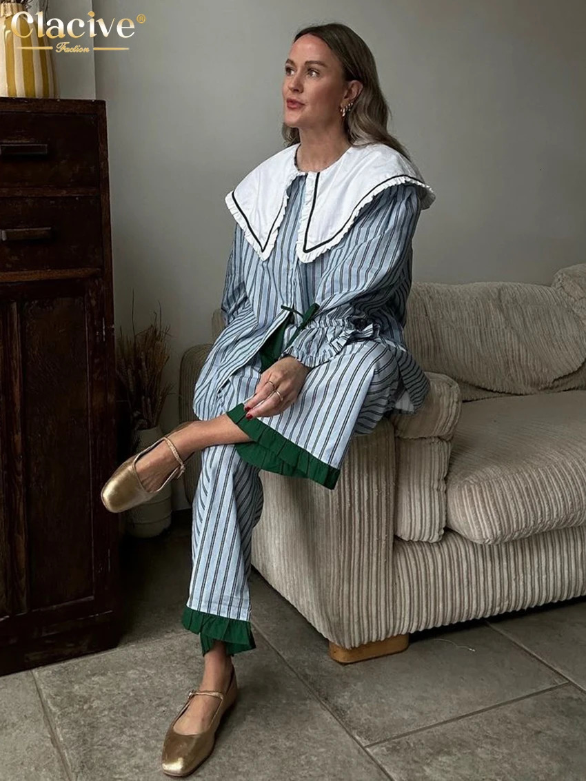 Clacive Fashion Loose Stripe Print Patchwork 2 Piece Sets Women Outfit Elegant Long Sleeve Shirt With High Waist Wide Pants Set 250106