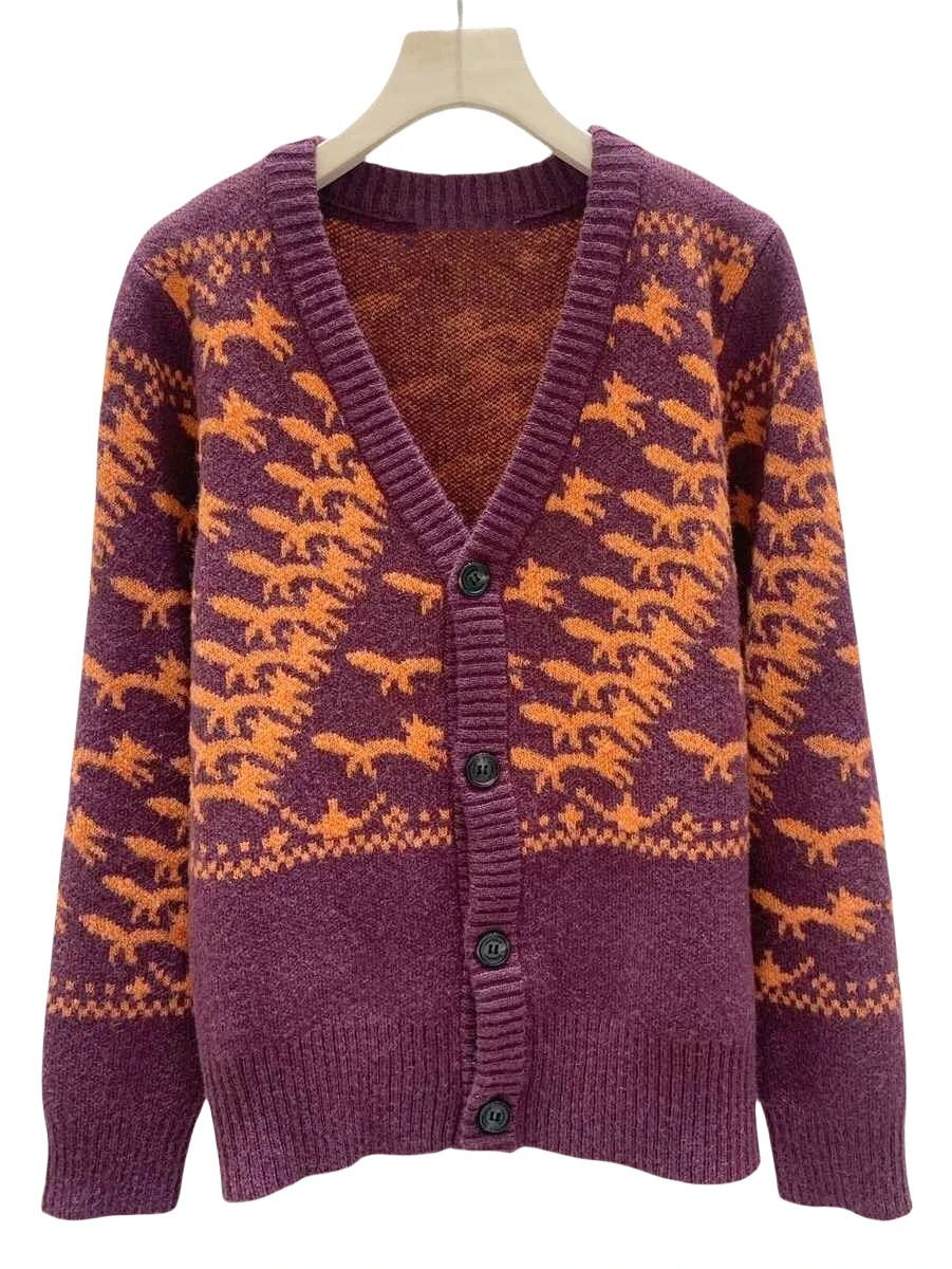y n Autumn Winter Fox Knit Cardigan Sweater For Women Long Sleeve Top Pullover Knitwear Outerwears Clothes 250108