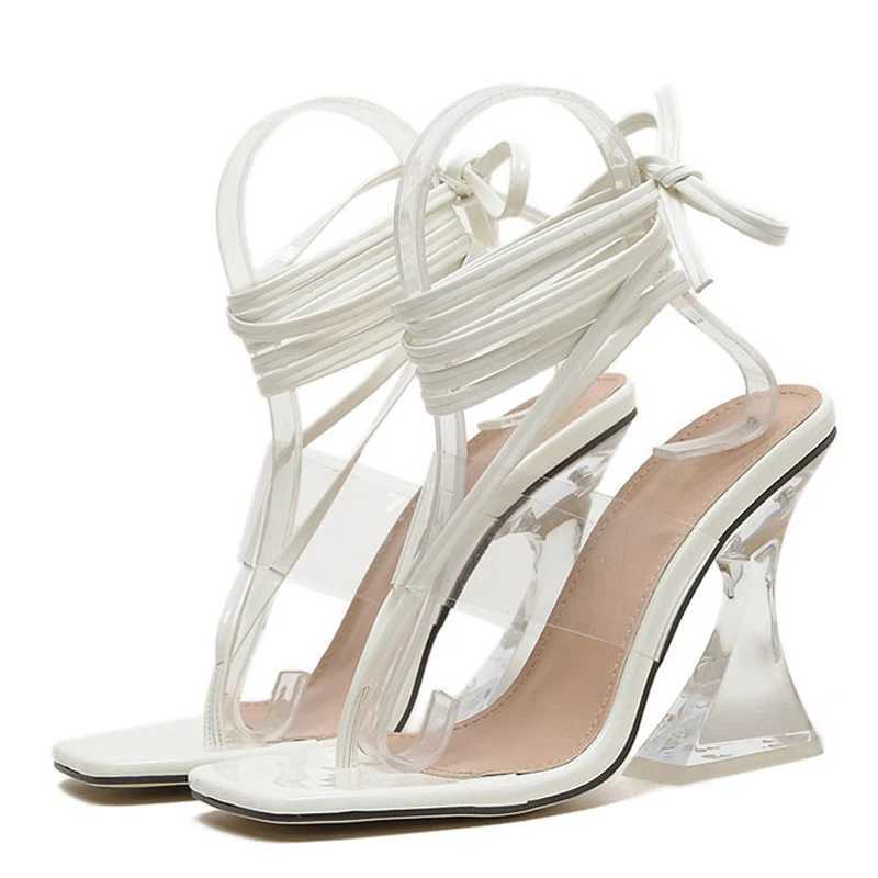 Size 35-42 Sexy Strange Style Transparent High Heels Gladiator Sandals Women Summer Fashion Open Toe Lace-Up Clear Shoes 250110