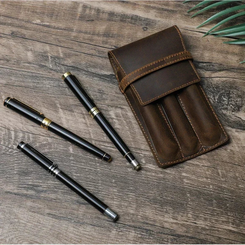 Handcrafted Fountain Pen Pencil Case Genuine Leather Pen Bag for 1-3 Pens Stationery Office School Supplies For JINHAO 250110