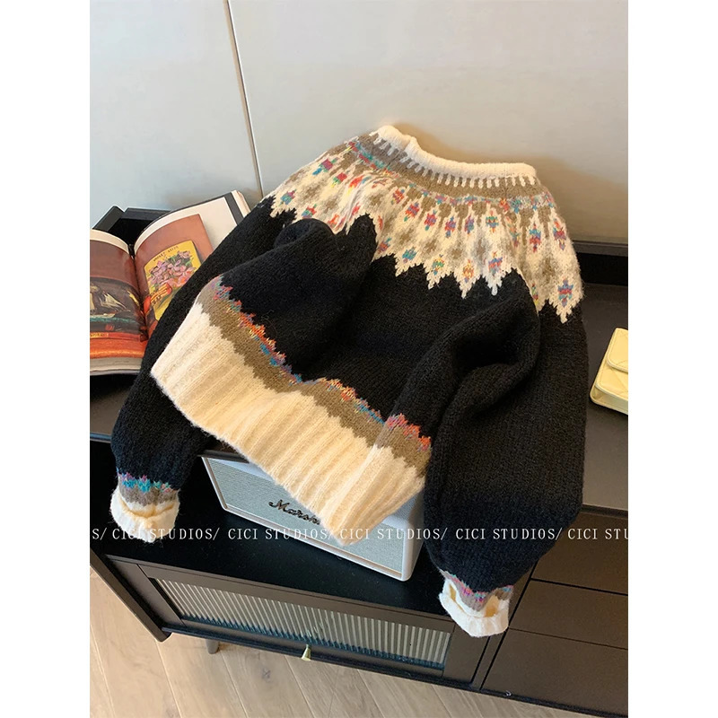 MEXZT Vintage Print Sweater Women Harajuku Long Sleeve Knitted Pullovers Korean Aesthetic Knitwear Winter Chic Casual Jumpers 250108