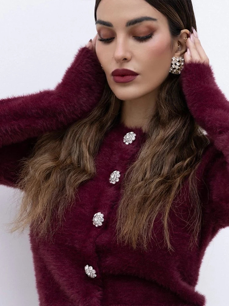 Casual Velvet Womens Two Pieces Set Chic O Neck Singlebreasted Cardigan Hip Package Mini Skirt Vintage Soft Lady Burgundy Suit 250106